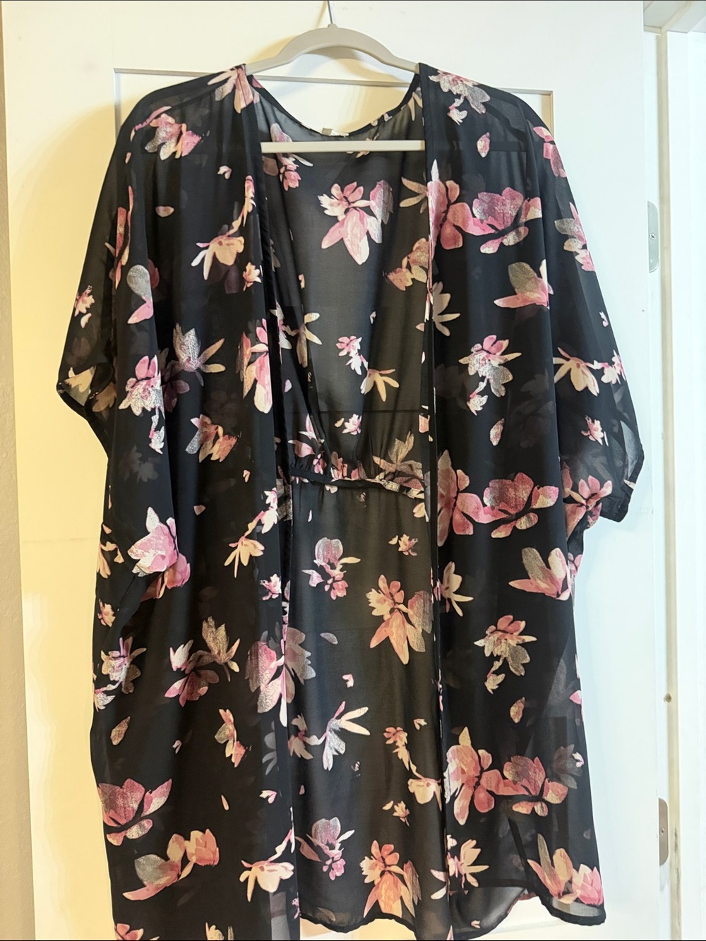 Maurices Black Sheer Floral Kimono with Pink Blooms and Mauve Accents
